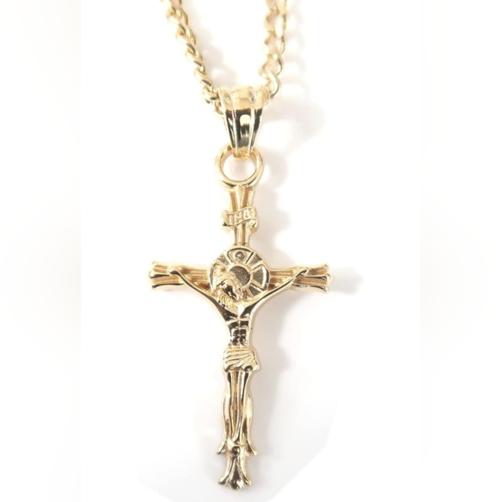 JEWELRY 24K Gold INRI Crucifix Chain Small Cross Pendant Necklace